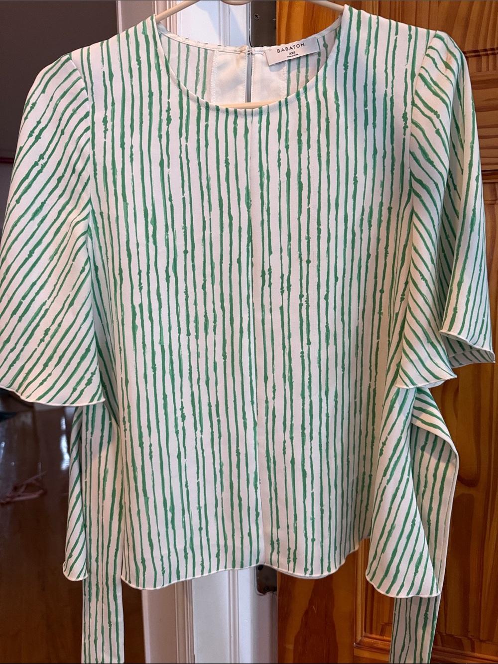 Babaton White Top with Green Vertical Stripe Ruffle Sleeves